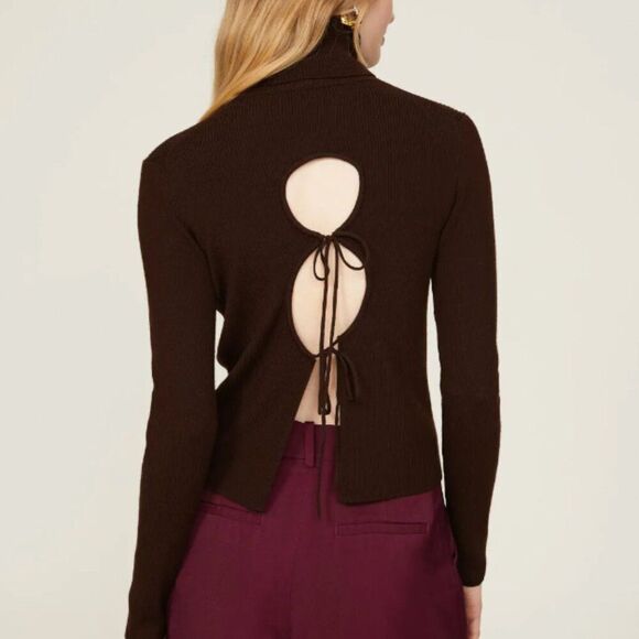 Thakoon Sweater Turtleneck Open Back Oatmeal Tan Merino Wool Casual Soft Cozy - Picture 4 of 11